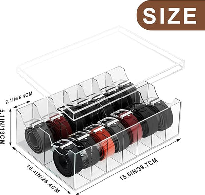 Large Acrylic Belt Organizer with Dust Lid, Clear Belt Storage for Closet and Drawer, 14 Compartments Belt Box Holder for Singers, Men, Women (Dual Rows,14 Compartments)