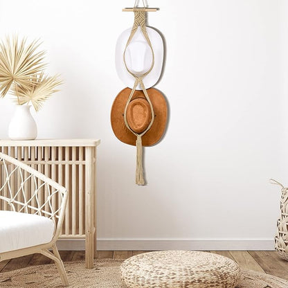 Yulejo Macrame Hat Hangers Racks Boho Cowboy Hats Holders Western Display Organizer Storage decor Back of Door for Wall(Beige,Two Hats Style)