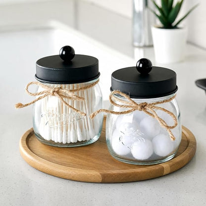 SheeChung 2 Pack Qtip Holders, Black Bathroom Decor, Cotton Swab Holders, Bathroom Jars, Restroom Decor for Cotton Balls, Pads, Floss Picks - Black