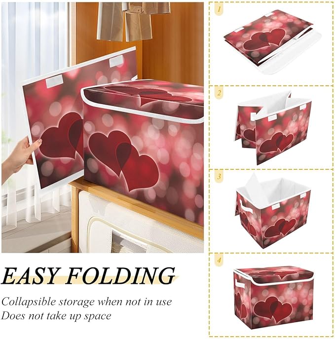 senya Valentines Baskets Collapsible Storage Bins with Lids, Hearts Bokeh Effect Storage Boxes Clothes Baskets for Organizing