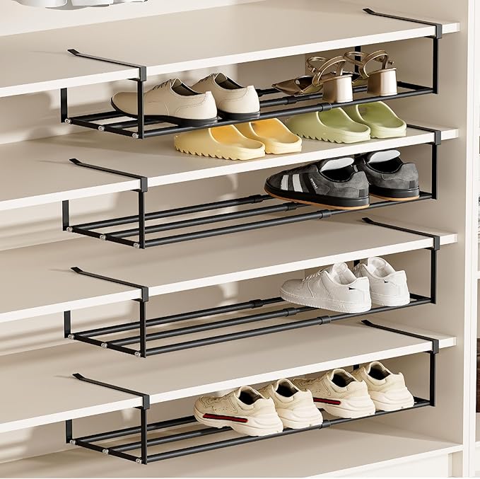 UFORU Expandable Hanging Shoe Rack Organizer for Closet, Adjustable Shoe Rack Under Cabinet Shelf, Versatile Under Shelf Storage for Kitchen, Book, Clothing Storage and Organization(Black,4PCS)