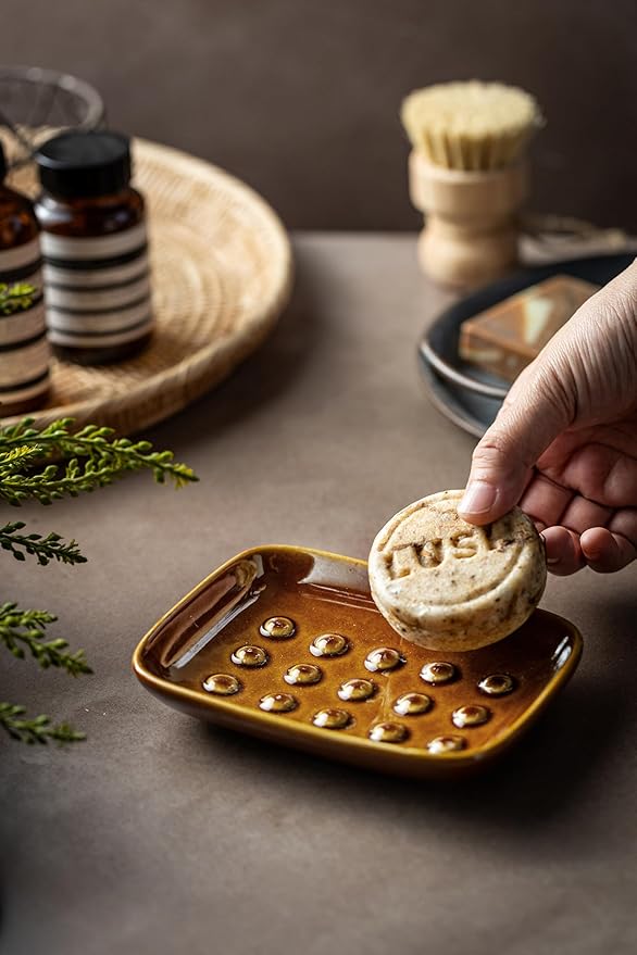 Miamolo Soap Dish for Shower, Ceramic Soap Dish for Bar Soap Sponge, Soap Holder Saver Tray for Bath Kitchen Sink Bathtub, Farmhouse Decor, Raised Pattern - Keep Soap Dry, Dark Brown