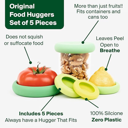 Food Huggers 5pc Reusable Silicone Food Savers | BPA Free | Plastic Free Food Storage | Dishwasher Safe | Fruit & Vegetable Produce Storage for Onion, Tomato, Lemon, Banana & Cans | Round, Sage Green