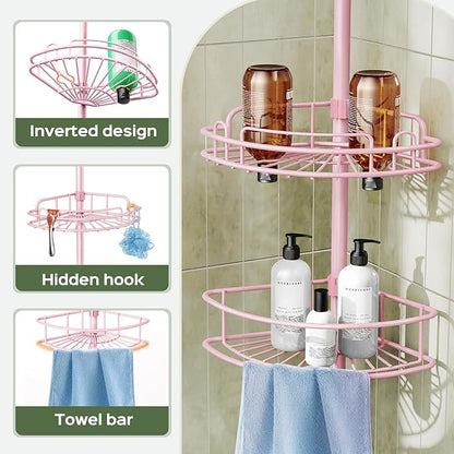 HAMITOR Corner Shower Caddy Tension Pole: 4-Tier Rust-Resistant Adjustable Bathroom Organizer Shelves - 47-121 Inch No-Drill Quick Installation - Space-Saving Storage for Renters Family - Pink