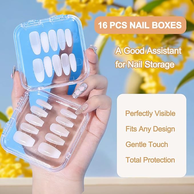 Press On Nail Storage Box (16 Pack) with 60 Double-Sided Tapes - Clear Acrylic Nail Display Containers for Nail Art Business & Organization