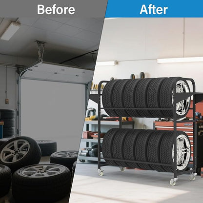 Tire Storage Rack 57" x 55.1" x 20" w/Anti-dust Cover, Adjustable Rolling Tire Rack for Garage Black w/4 Swivel Casters & 2 Storage Shelf for Garage Storage