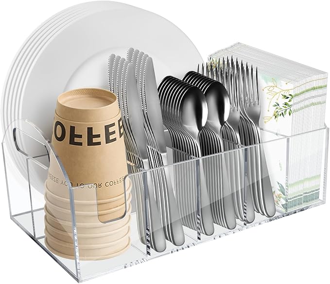 Acrylic Paper Plate Organizer, Utensil Silverware Caddy, Used For Storing Plates, Cups, Napkins, Small Snacks And Tableware - Suitable For Home, Party, Camping And Picnic