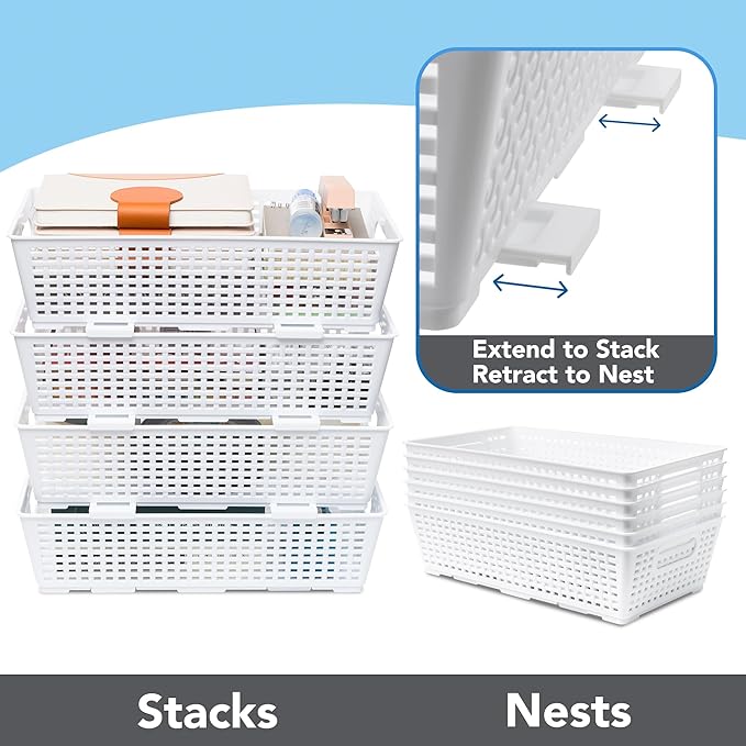 Tiawudi Stackable Woven Plastic Basket, Storage Bins for Cabinet, Closet, Shelf, Under Sink and Countertop, Pantry Organizer Bins, 6 Pack