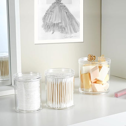 SheeChung 3-Pack Clear Stackable Apothecary Jars - (10/12/20oz) Mixed Sizes Qtip Holder Dispenser - Crystal Clear Bathroom Vanity Organizer with Storage Lids for Cotton Balls, Swabs, Floss