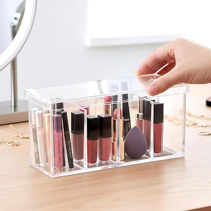 Amazing Abby - Qutie - Acrylic 4-Compartment Makeup Organizer with Lid, Clear Plastic Bathroom Vanity Organizer, Great for Cotton Balls, Cotton Swabs, Makeup Sponges, Lipsticks, and More