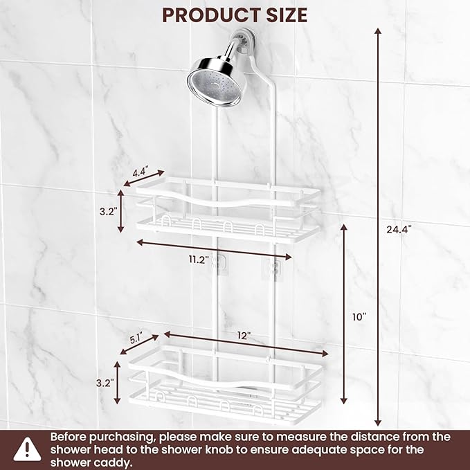 REINHARDT Shower Caddy Hanging, Rustproof Shower Caddy Anti-Swing Shower Organizer No Drilling Showers Racks with Soap Holder Multi Hooks Bathroom Storage for Shampoo Sponge, White