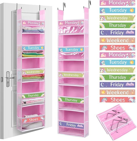 2 Pack 5 Shelf Weekly Clothes Organizer for Kids Over the Door Hanging Storage Monday through Friday Heavy Duty Clothes Organization for Bathroom Nursery Bathroom Kitchen(Pink)