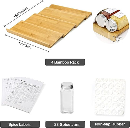 Spice Drawer Organizer with 28 Spice Jars and 216 Labels,Non-slip Rubber, Bamboo 4 Tier Spice Racks Tray Seasoning Containers for Kitchen Drawers,Cabinets,Countertops,13" Wide * 15.8" Deep