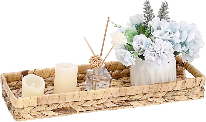 Bathroom Vanity Tray, Water Hyacinth Narrow Counter Tray with Handles, Decorative Woven Organizer Trays for Toilet Tank, Shelves, Farmhouse Hand Towels Basket Holder for Storage (Large)