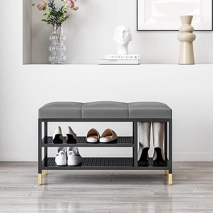 3 Tier Shoe Organizer for Entryway, Shoe Racks with Cushion, Black Metal Frame Hallway Bench for Living Room Bedroom,Gray,60 x 32 x 47 cm