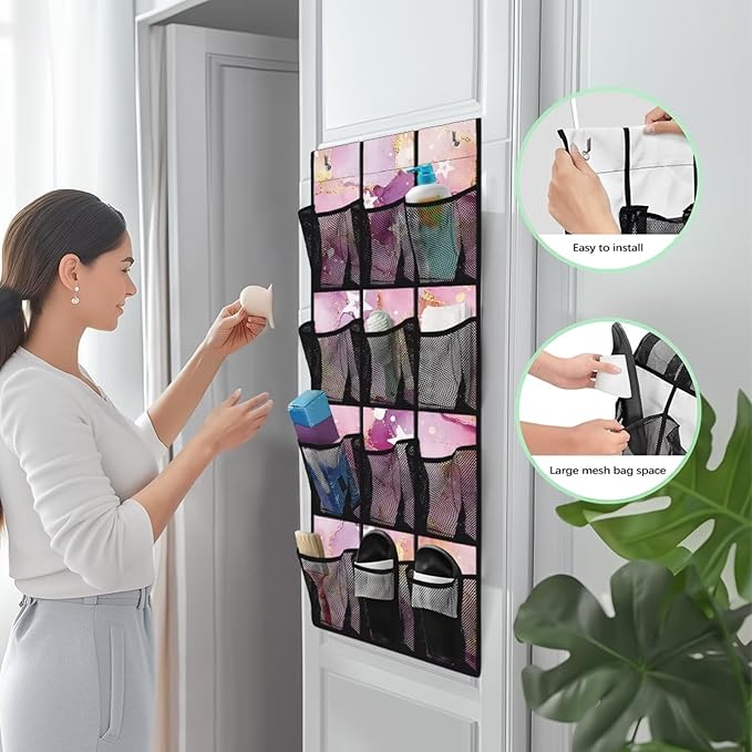 Marble Over The Door Shoe Organizer,12 Compartment Breathable Mesh Pocket Over the Door Hanging Shoe Organizer,Closet Shoe Organizer,Large Men's and Women's Shoe Organizer