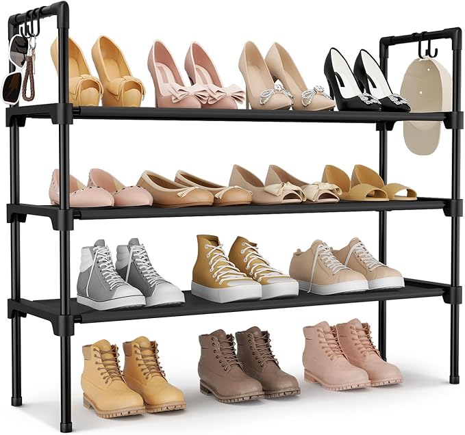 LANTEFUL 3 Tier Shoe Rack for Closet, Shoe Organizer with 5 Hooks, Long Shoe Shelf Storage for Sneaker and Boot Stackable Free Standing Shoe Rack for Entryway, Garage, Small Spaces, Dorm
