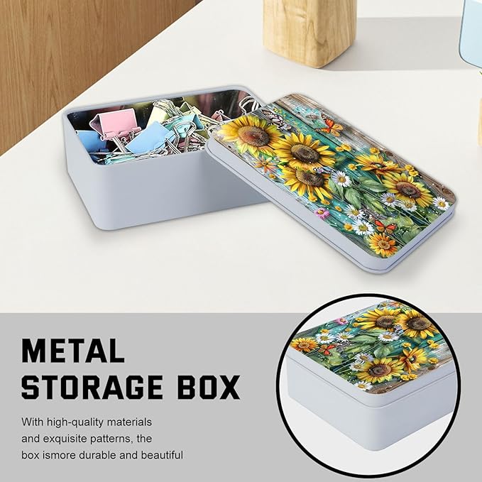 Metal Tin Box with Lid for Game Cards Home Organizer Candles Keys Crafts Storage - Equipped with 4 Magnetic Cord Clips，Sunflowers Daisies and Butterflies