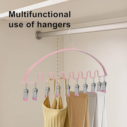 Legging Organizer for Closet,Metal Wave Design Pants Hanger with 10 Clips 7 Hooks, Closet Storage for Pants, Skirts, Hats (Pink, 2Pack)