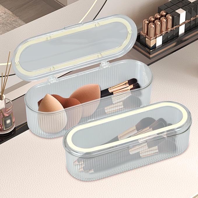 WANGSHIQ Makeup Brush Holder Organizer,Clear Makeup Sponges Organizer,Cosmetic Storage Case with Lid Display Case for Vanity, 1 Compartment