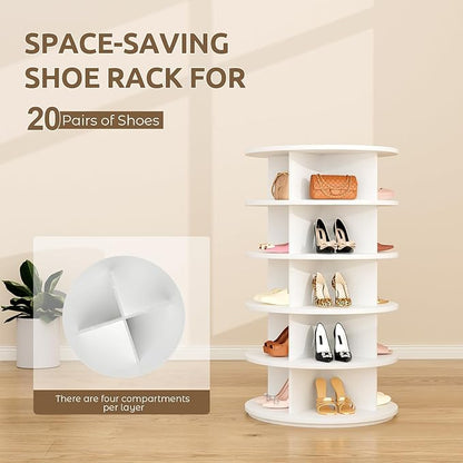Rotating Shoe Rack 5 Tier Spinning Shoes Organizer Tower for 20-24 Pairs Lazy Susan 360 Revolving Shoe Storage Cabinet Rotate Shoe Handbag Rack Round Carousel for Closet, Bedroom (White)