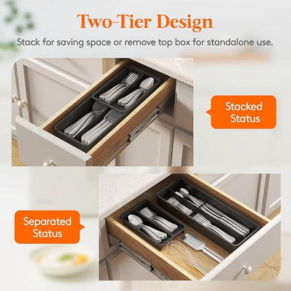 Lifewit Compact Silverware Organizer for Kitchen Drawer, Narrow Flatware Tray Holder, Plastic Cutlery Spoons, Forks and Knives Storage, Black, 1 Pack