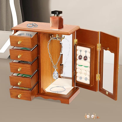 Wooden Jewelry Box, Jewelry Organizer with 5 Drawers, Large Storage Space Desktop Jewelry Storage Box with Anti-Slip Feet,for Organizing Necklaces, Bracelets, Earrings (Light Wood Color)
