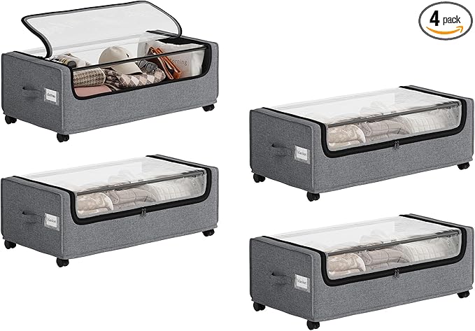 Under Bed Storage, 4-Packs Under Bed Storage With Wheels, Under bed Shoe Storage, Metal Frame, 90L Capacity, Storage Drawers for Bedroom