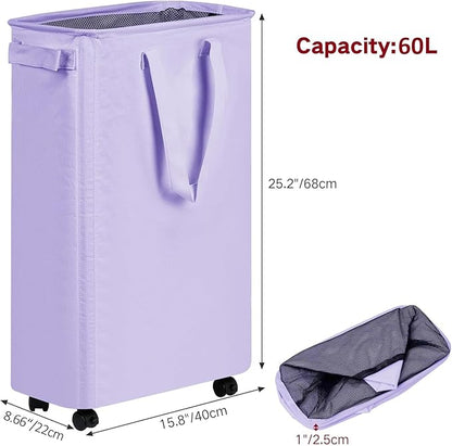 efluky Slim Laundry Hamper with Wheels, Rolling Laundry Basket for Clothes, Small Laundry Basket for Bedroom, Dorm and Laundry Room, 60L (12.7 Gallons) Purple