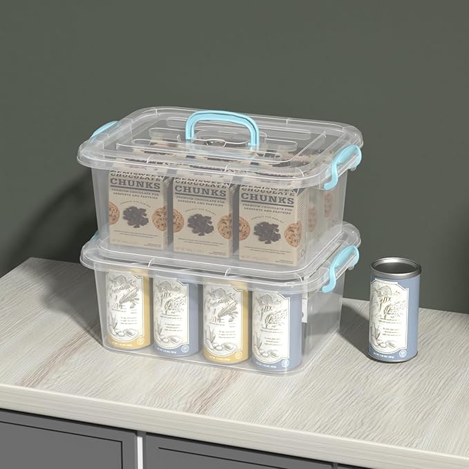 8 Quart Plastic Latching Storage Box with Handles, Small Plastic Tote Bin with Lid, 2 Packs