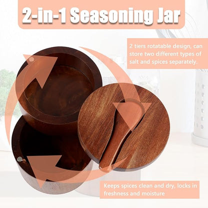 Acacia Wood Salt and Pepper Bowl, Double Layer Salt Cellar Box, Pepper Storage Box, Magnetic Rotatable Seasoning Container with Built in Spoon for Seasonings Spices