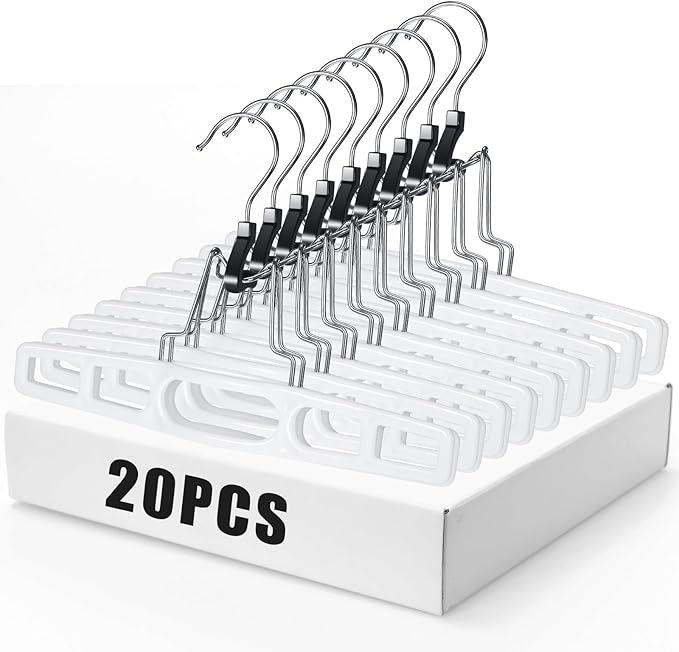 20 Pack Premium Skirt Hangers Thin Space Saving Pants Skirts Hangers Set with Clamp, Heavy Duty Locking Clasp, Multipurpose Non-Slip for Shorts, Slacks, Jeans