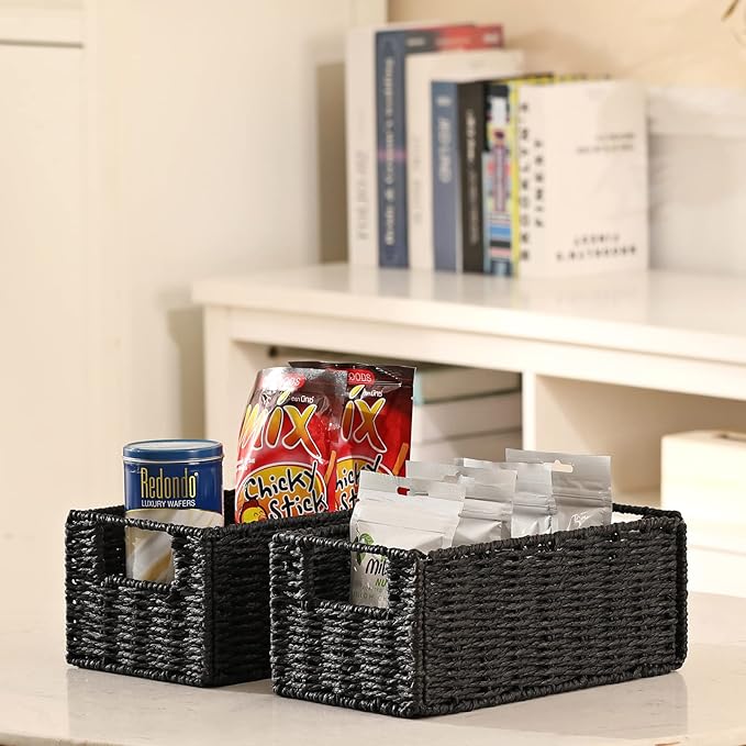 Vagusicc Wicker Storage Basket, Set of 2 Hand-Woven Paper Rope Wicker Basket, Small Storage Baskets for Organizing Toilet Paper Basket, Foldable Large Cube Storage Organizer Bins for Shelves (Black)
