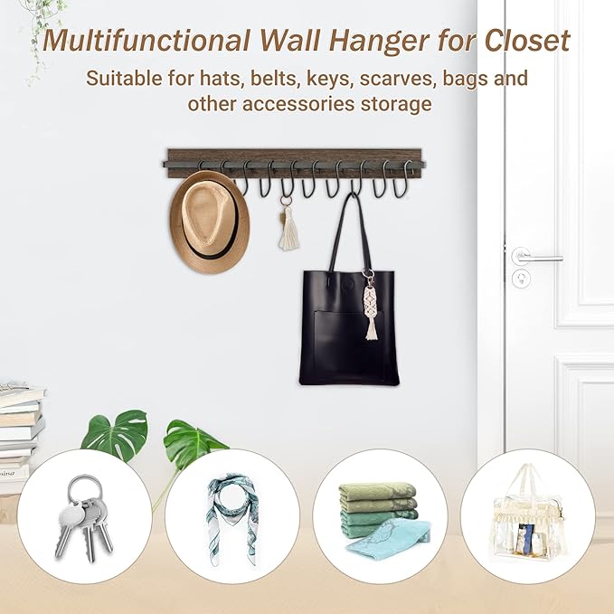 Mkono Hat Rack for Wall Wooden Baseball Caps Organizer with 20 Hooks Rustic Cowboy Hanger Mounted Hats Display Closet Bedroom Entryway, Set of 2, Brown