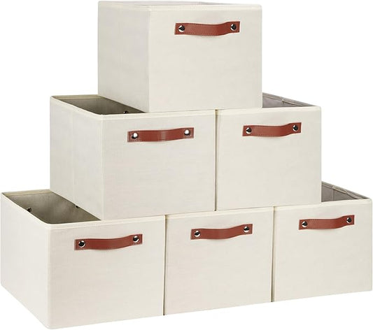 [6-Pack] Fabric Storage Bins Reinforced 2.5mm Cardboard Shelf Bins with PU Leather Handles (15x11x9.5 ) Durable Storage Baskets for Closet Organization, Toy Organizer, & Home Office Beige