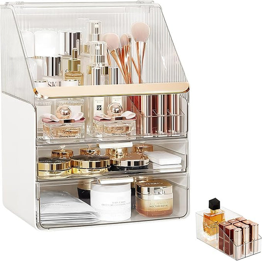DASITON Dustproof MultiLayer Makeup Brush holder Organizer,Makeup Brush Holder,Makeup Organizers,Large Capacity Desktop Storage Box with Drawer,for Beauty Products...（Clear