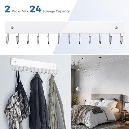 Belt Hanger Wall Mounted, Wooden Coat Rack Belt Organizer 2 Pack Max 24 Storage Capacity, 180° Rotating Space Saving Hangers for Ties, Tank Tops, Scarves, Bras, Keys, Bags White