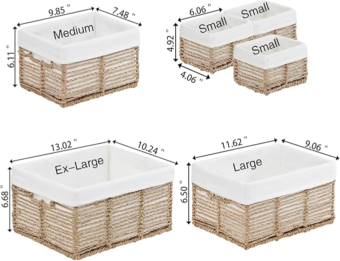 Vagusicc Wicker Storage Basket, 6 Pack Seagrass Baskets for Organizing, Wicker Baskets with Handle, Rectangular Woven Basket for Storage Shelves, Cube Storage Bins for Closet/Clothes/Dresser
