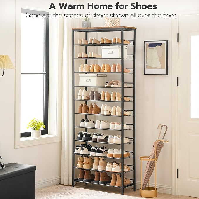 HOOBRO Shoe Rack for Entryway, 12-Tier Shoe Storage Organizer, Large Capacity for 33-36 Pairs of Shoes, Standing Shoe Shelf, Closet, Hallway, Adjustable Mesh Shelves, Rustic Brown and Black BF51XJ01