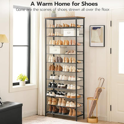 HOOBRO Shoe Rack for Entryway, 12-Tier Shoe Storage Organizer, Large Capacity for 33-36 Pairs of Shoes, Standing Shoe Shelf, Closet, Hallway, Adjustable Mesh Shelves, Rustic Brown and Black BF51XJ01