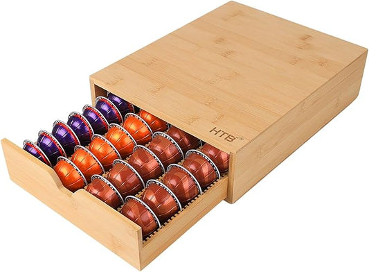 HTB K Cup Coffee Pod Holder, Drawer Type K Cup Organizer Storage, Compatible with K-Cup Pods, Space-Saving Coffee Capsule Drawer- Holds 40 Nespresso Capsules Coffee Pods Bamboo Single Drawer
