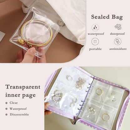 Jewelry Organizer Travel,Jewelry Storage Book with 45 Portable thick PVC pouches,Jewelry Organizer Zipper Bags for Necklaces Bracelet Rings and Earrings (front cover removable),Purple