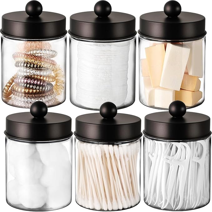 Amolliar Farmhouse Decor Qtip Holder Dispenser for Cotton Swabs,Balls, Cotton Pads, Floss - Clear Plastic Apothecary Jar for Bathroom Canister Storage, Vanity Countertop Makeup Organizer-Bronze (6)