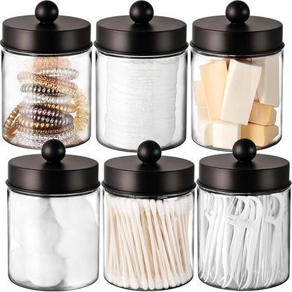 Amolliar Farmhouse Decor Qtip Holder Dispenser for Cotton Swabs,Balls, Cotton Pads, Floss - Clear Plastic Apothecary Jar for Bathroom Canister Storage, Vanity Countertop Makeup Organizer-Bronze (6)