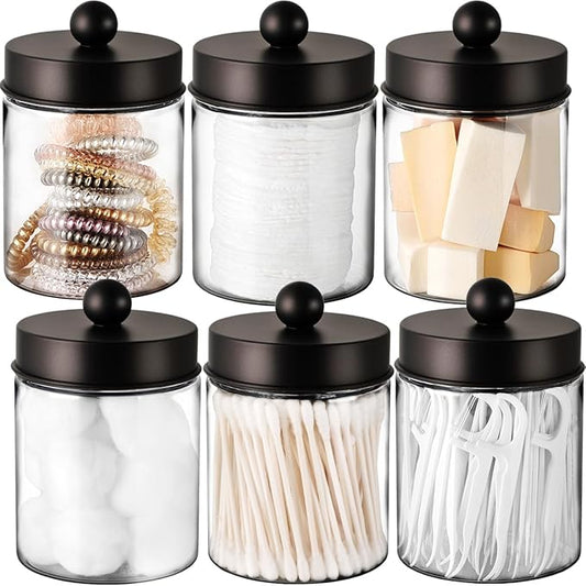 Amolliar Farmhouse Decor Qtip Holder Dispenser for Cotton Swabs,Balls, Cotton Pads, Floss - Clear Plastic Apothecary Jar for Bathroom Canister Storage, Vanity Countertop Makeup Organizer-Bronze (6)