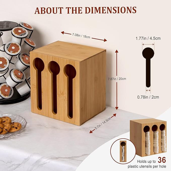 ANBOXIT Bamboo Utensil Dispenser for Spoons and Forks, Plastic Utensil Holder Station with 3 Compartments, Plastic Silverware Dispenser, Cutlery Organizer for Party, Wedding, Church and Breakroom