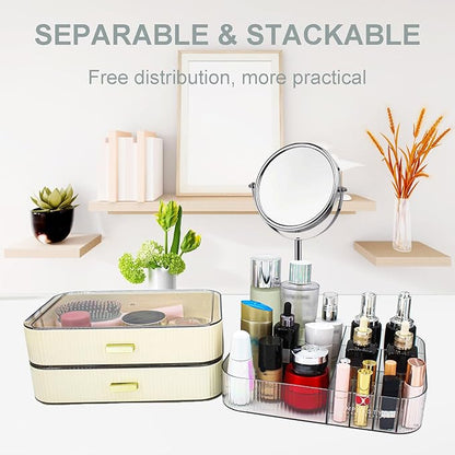Makeup Organizer with 2 Drawers, Cosmetics Organizer for Bedroom and Bathroom Vanity Countertops, Large Capacity Cosmetic Storage Box for Skincare Cream Perfume Lipstick Dresser Counter-White