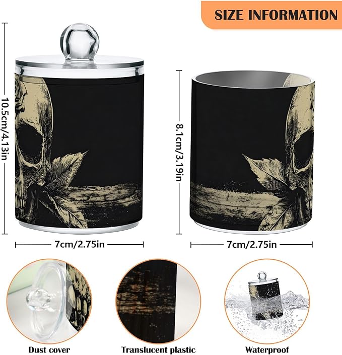 2 Pack Gothic Dark Skull Qtip Cotton Ball Holders Dispenser with Lid, Plastic Jars Bathroom Canisters Storage Organizer