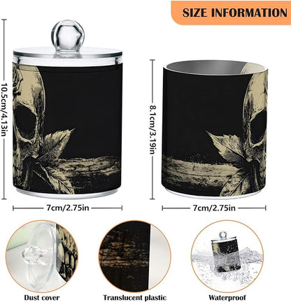 2 Pack Gothic Dark Skull Qtip Cotton Ball Holders Dispenser with Lid, Plastic Jars Bathroom Canisters Storage Organizer