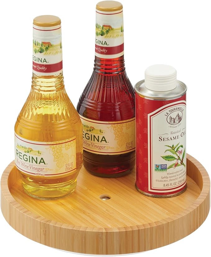 mDesign Bamboo Lazy Susan Turntable Food Storage Container for Cabinets, Pantry, Refrigerator, Countertops, Spinning Organizer for Spices, Condiments - 9" Round - Echo Collection - 2 Pack - Natural
